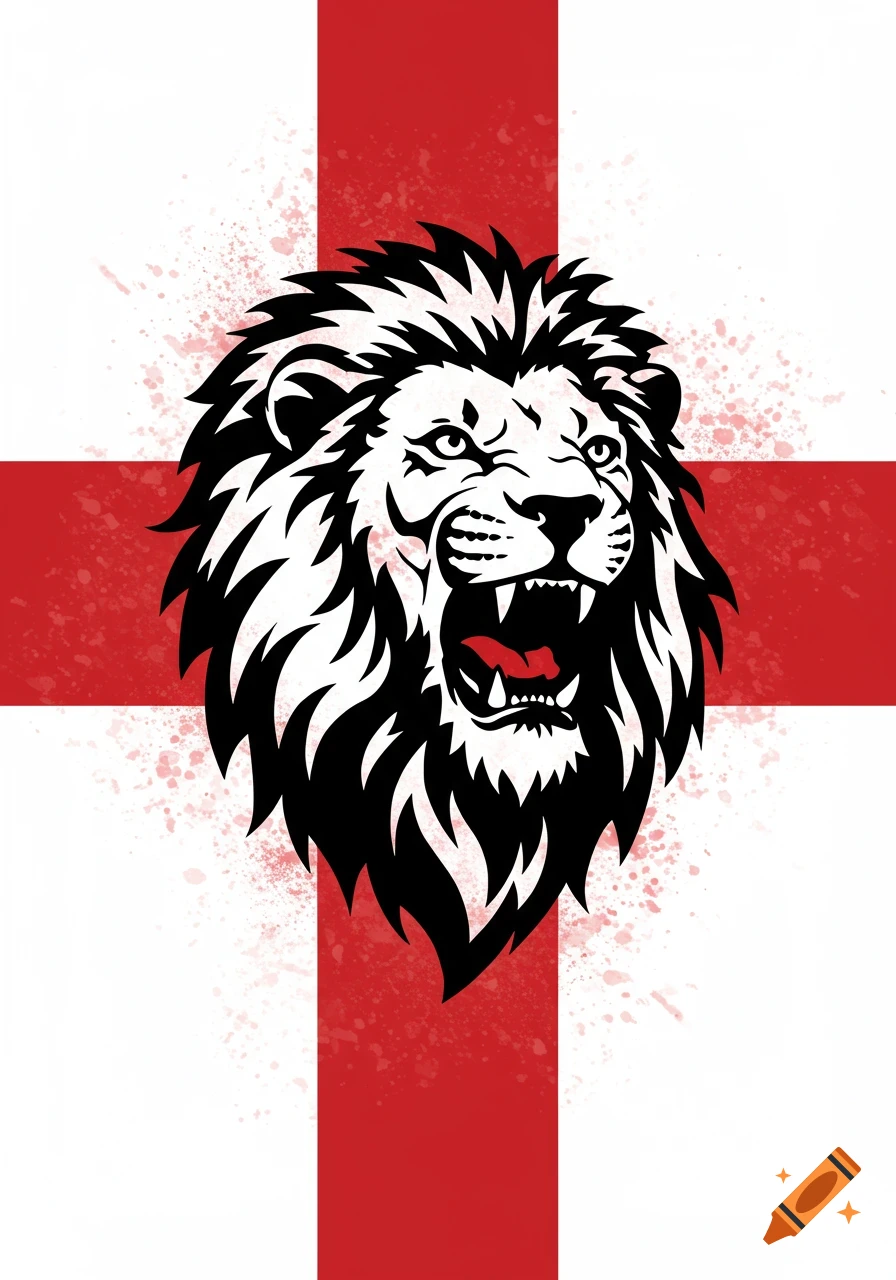 A stylized black and white roaring lion's head with red tongue over a St. George's flag with red splatter effects.