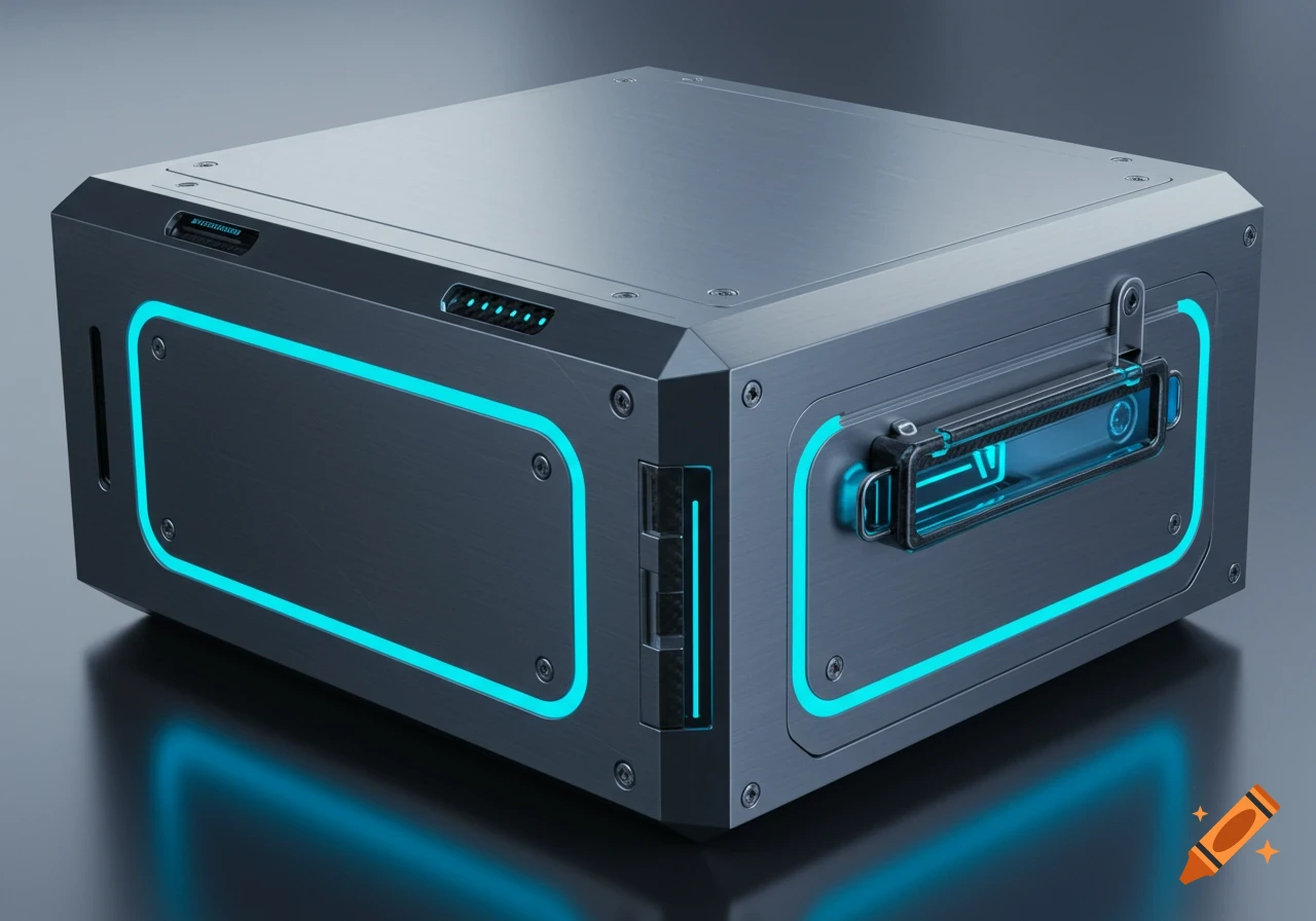 A sleek, metallic futuristic storage cache with glowing blue accents and a handle, rendered in a photorealistic style.