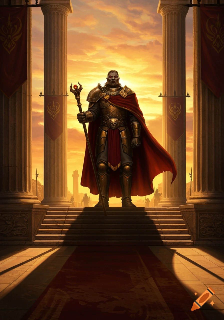 Armored fantasy leader with red cape and glowing staff stands on grand stairs between pillars at sunset, other figures in distance.
