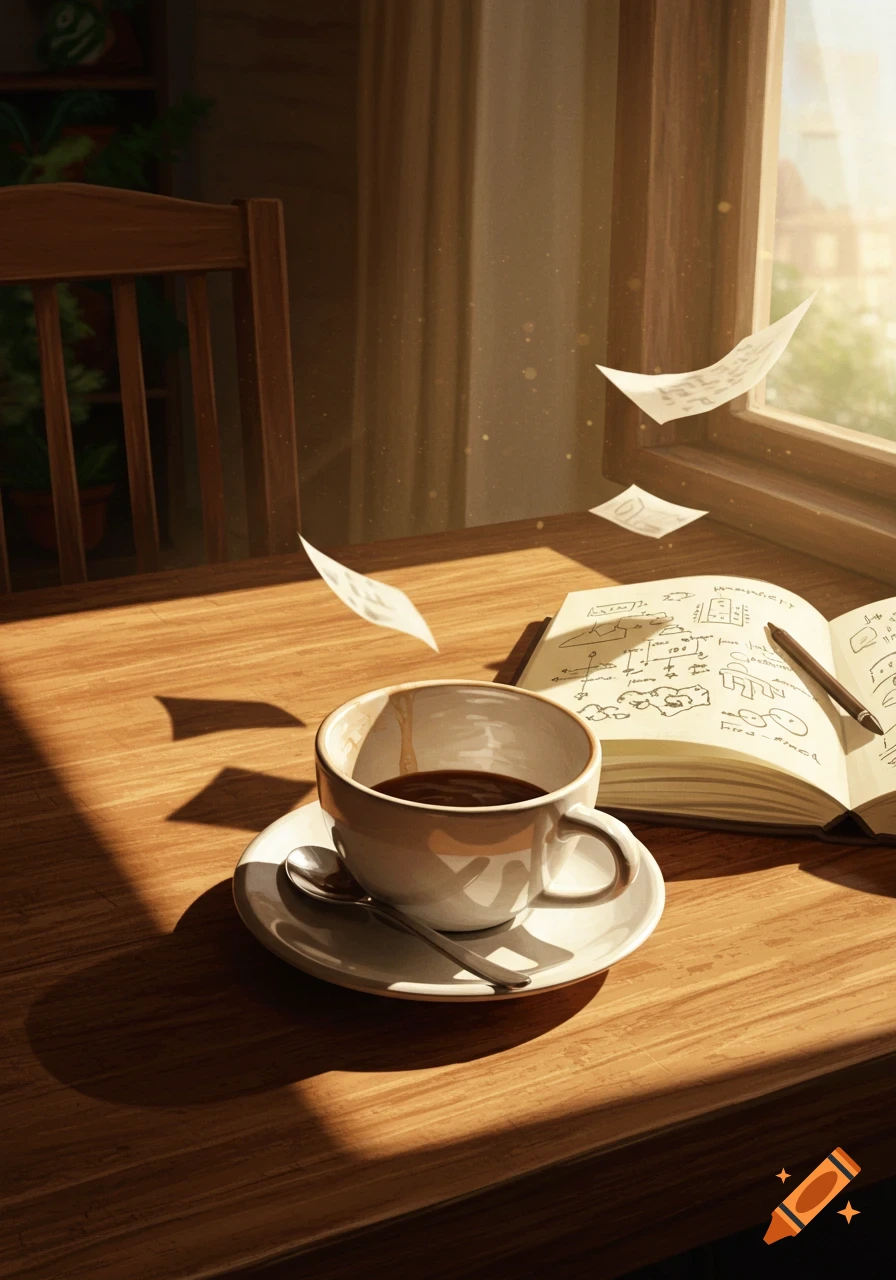 An illustrated scene of a coffee cup with a spoon on a wooden table next to an open notebook and flying papers, illuminated by sunlight from a window.