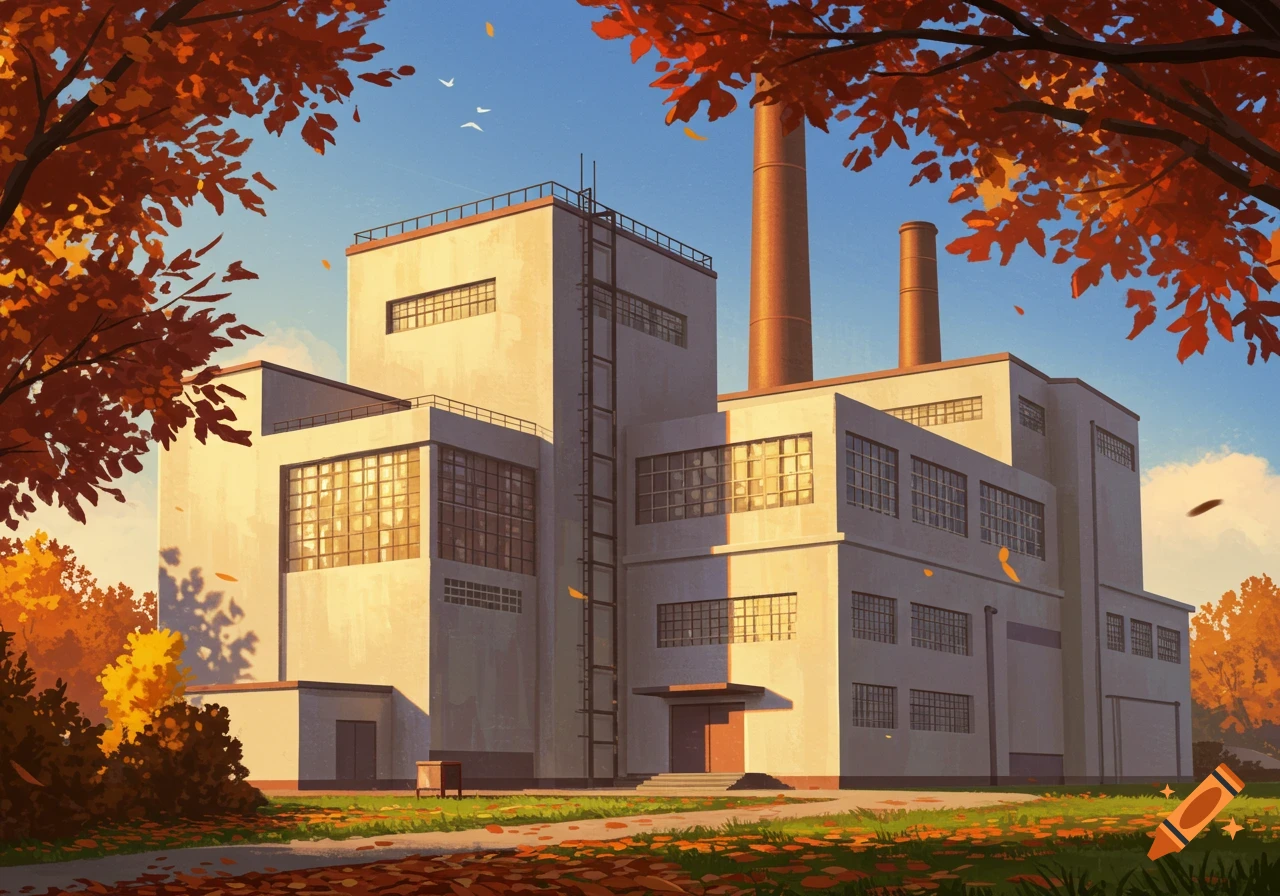 Bauhaus-style factory with smokestacks amidst colorful autumn trees and fallen leaves under a blue sky.