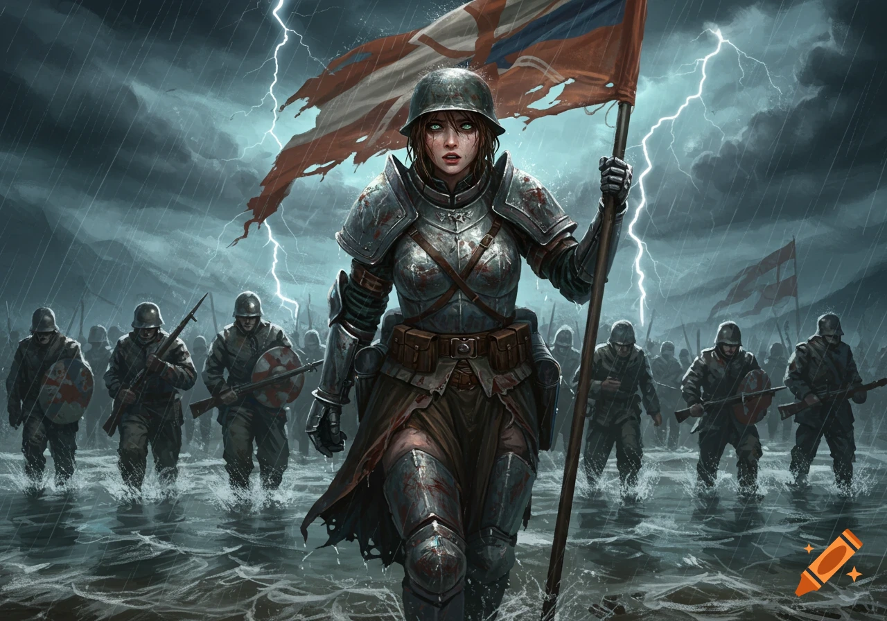 A female soldier in dented armor leads troops through stormy waters, holding a tattered flag under lightning in a dark digital painting.
