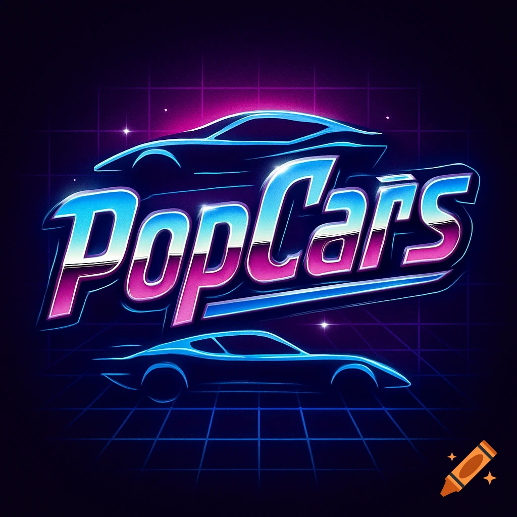 Retro vaporwave style logo for 'PopCars' featuring chrome text, two car silhouettes, and a grid background.