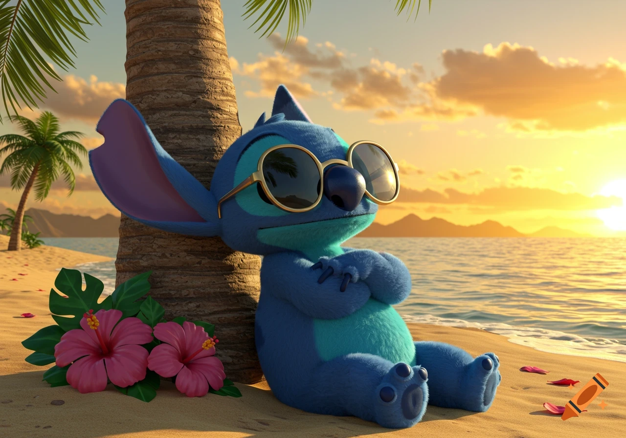 A photorealistic render of Stitch wearing sunglasses, leaning against a palm tree on a sandy beach at sunset, with hibiscus flowers nearby.