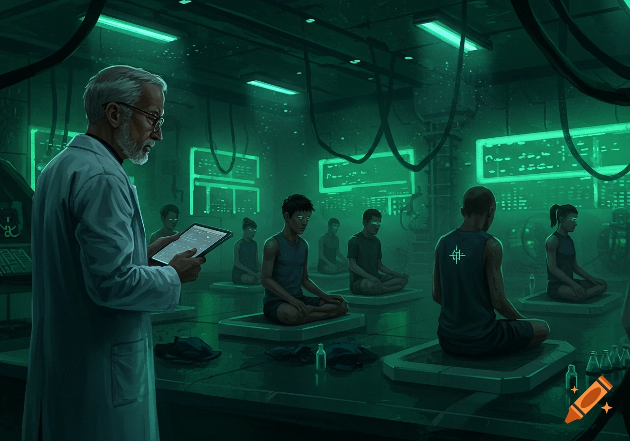 A scientist watches several subjects meditating in a dark, green-lit futuristic lab, monitoring data on a tablet and glowing screens.
