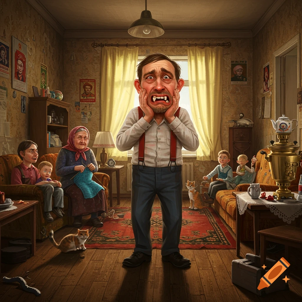 Illustrative scene of a man with an exaggerated pained expression holding his cheeks, surrounded by family and cats in a cluttered apartment.
