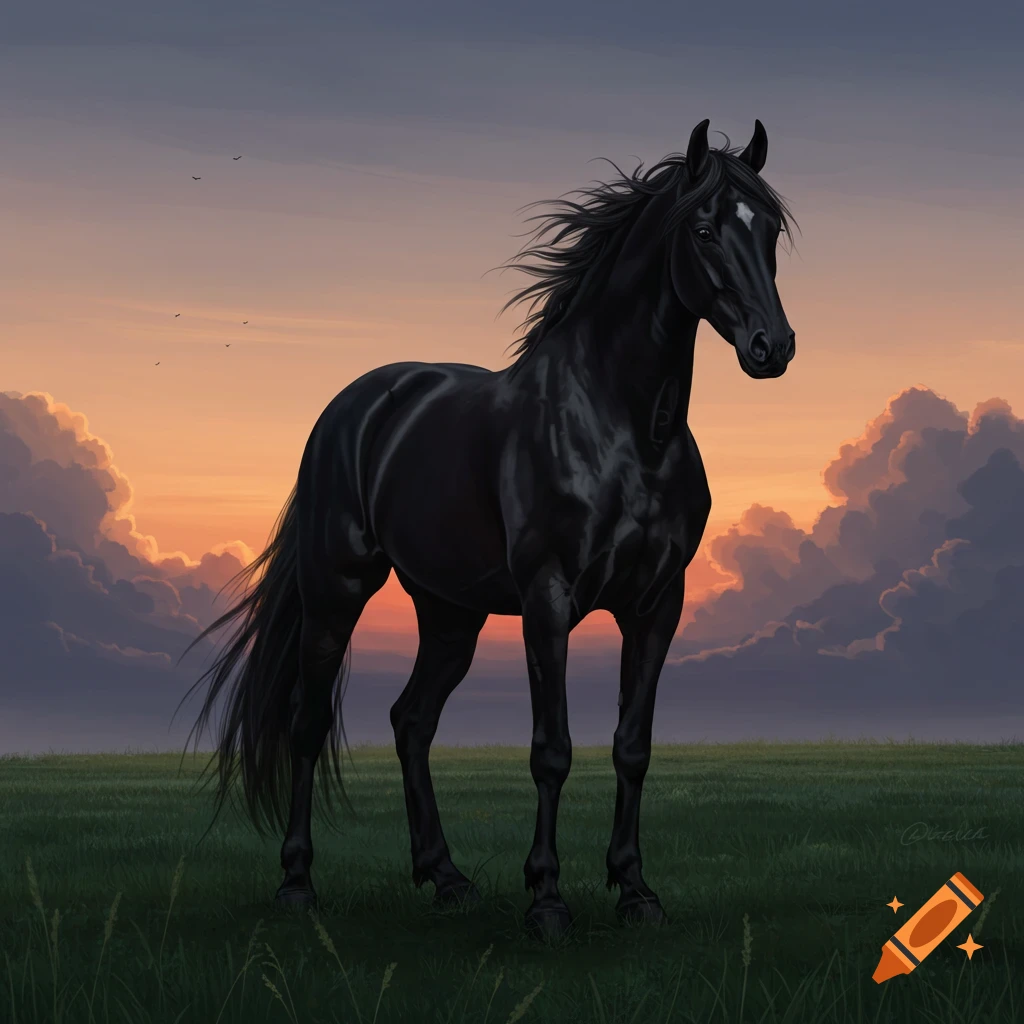 A majestic black horse with a white blaze stands in a green field at sunset.