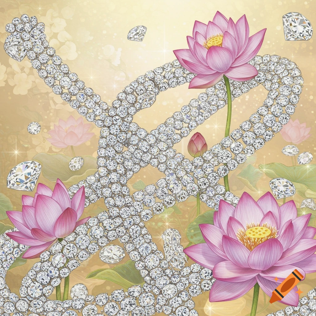 Elegant composition of intertwined diamond chains and pink lotus flowers against a shimmering golden background with lily pads.
