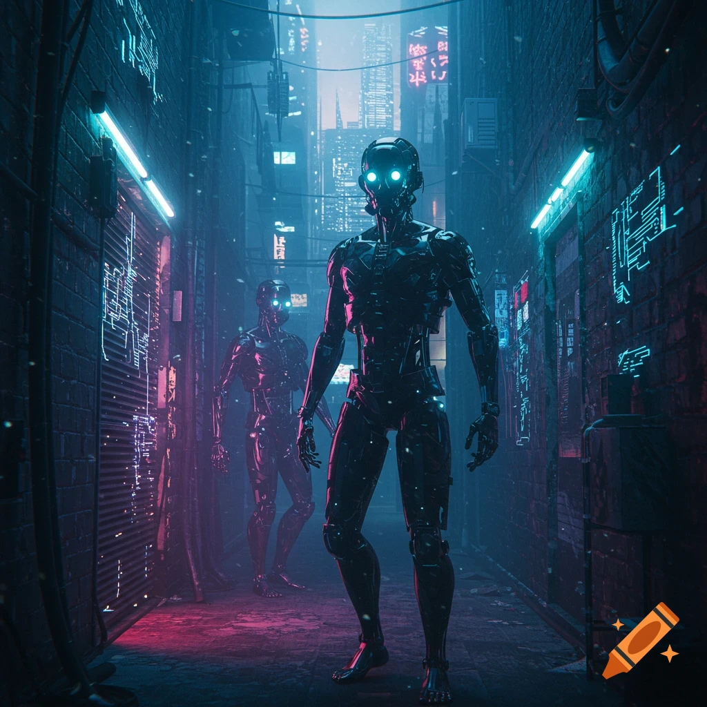 Two dark, glowing-eyed humanoid robots stand in a neon-lit cyberpunk alley with futuristic buildings in the background.