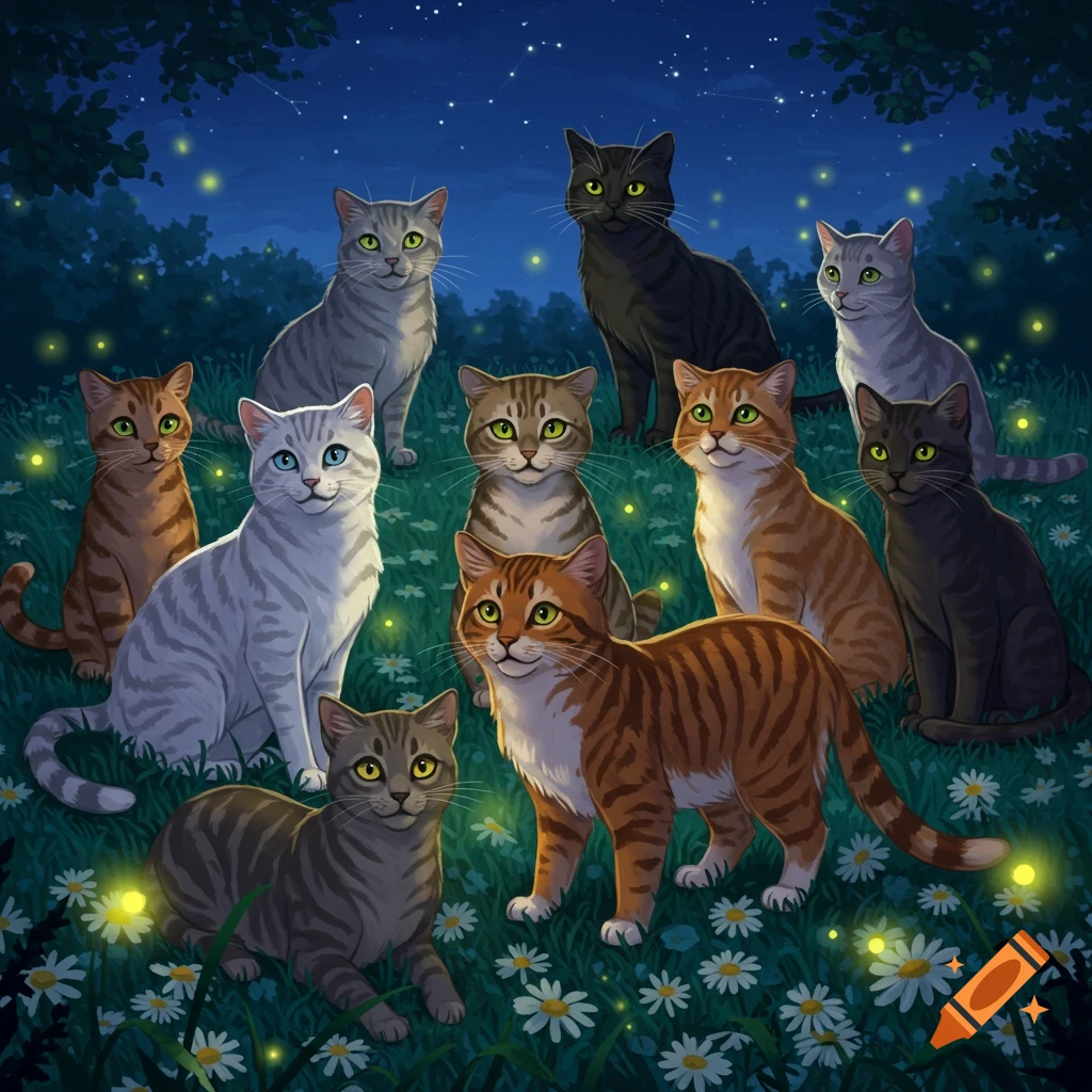Nine stylized cats in a dark forest clearing at night, surrounded by glowing fireflies and white flowers under a starry sky.