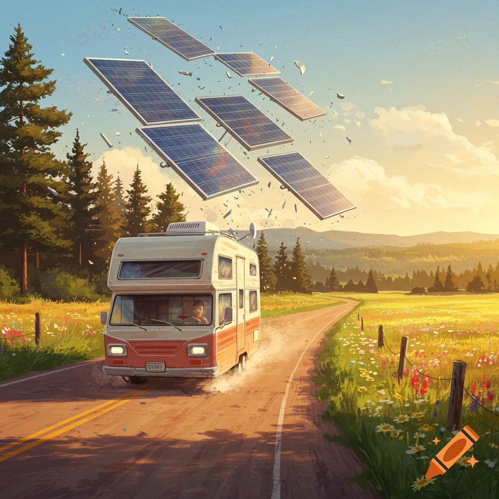 An illustrated camper van drives on a country road as solar panels fly off into the sunny sky.