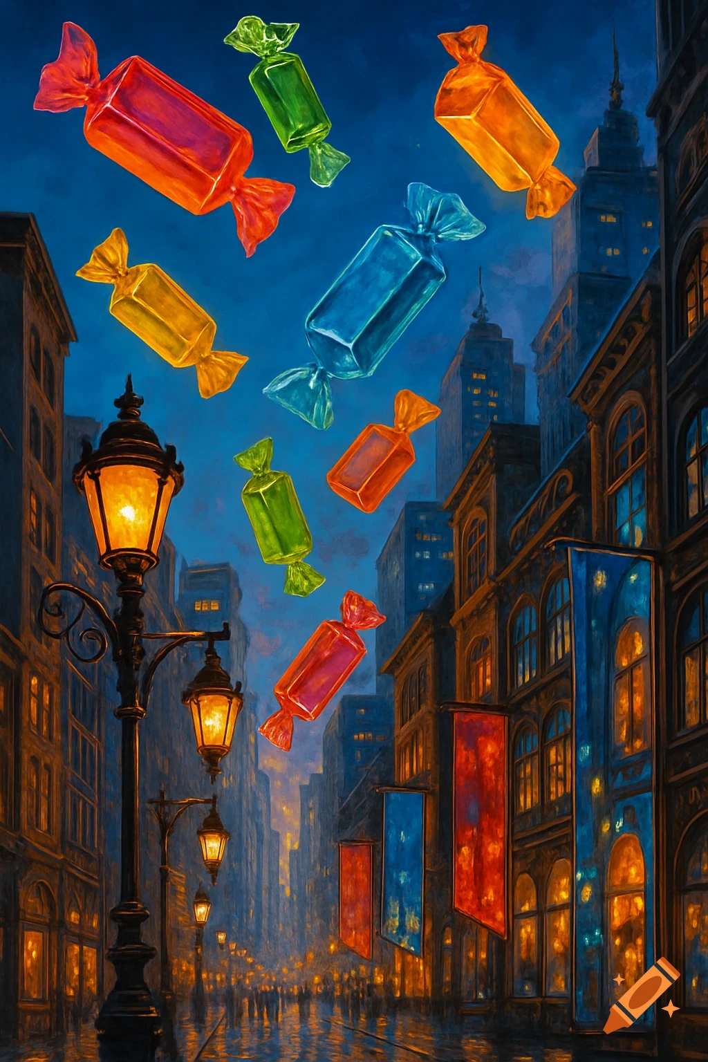 Large, colorful wrapped candies fall over a painterly night city street with glowing lampposts and buildings.