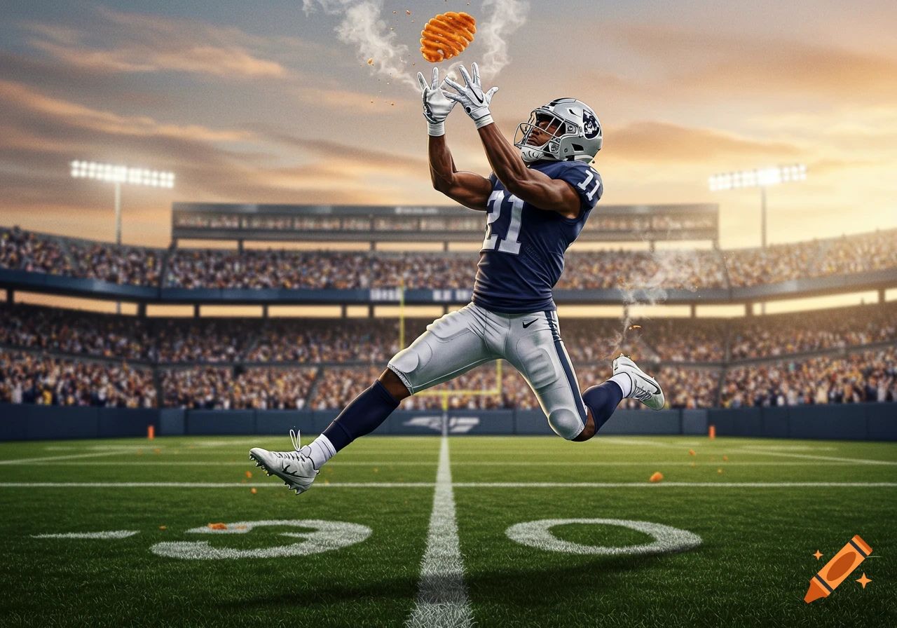 A football player in a blue and white uniform leaps to catch a waffle-cut tater tot in a stadium.