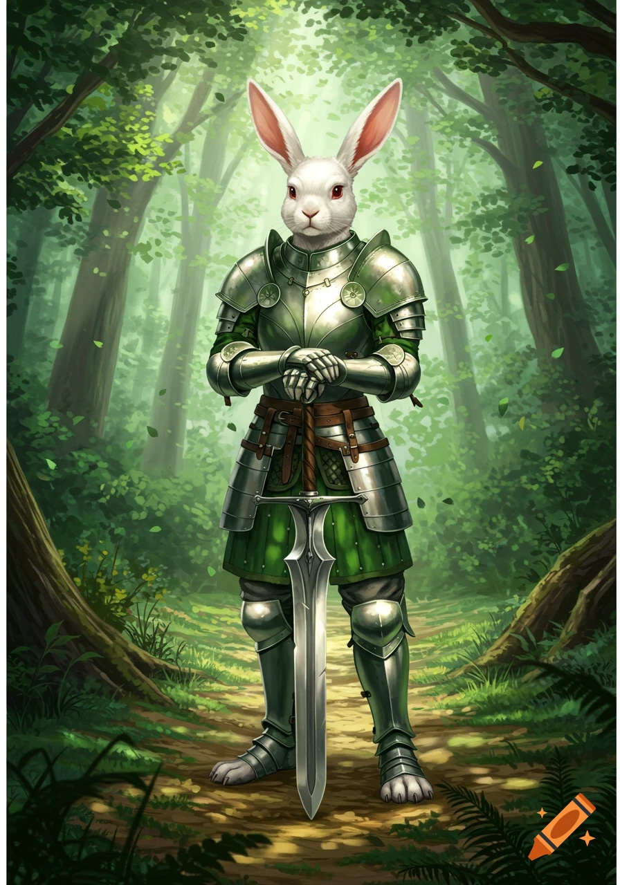 A white anthropomorphic rabbit knight in green and silver plate armor stands on a forest path, leaning on a great sword.