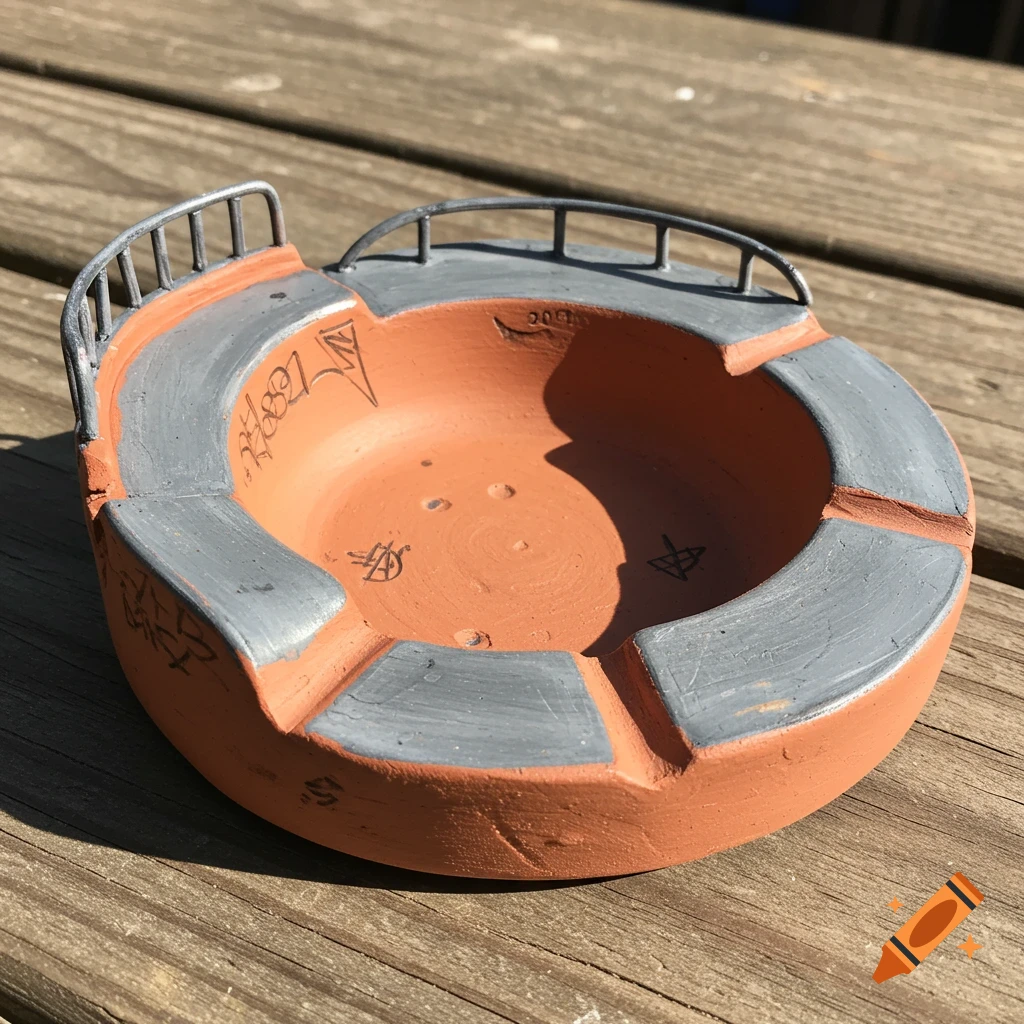 A round, terra cotta clay ashtray resembling a miniature skatepark with gray ramps and metal railings, on a wooden surface.