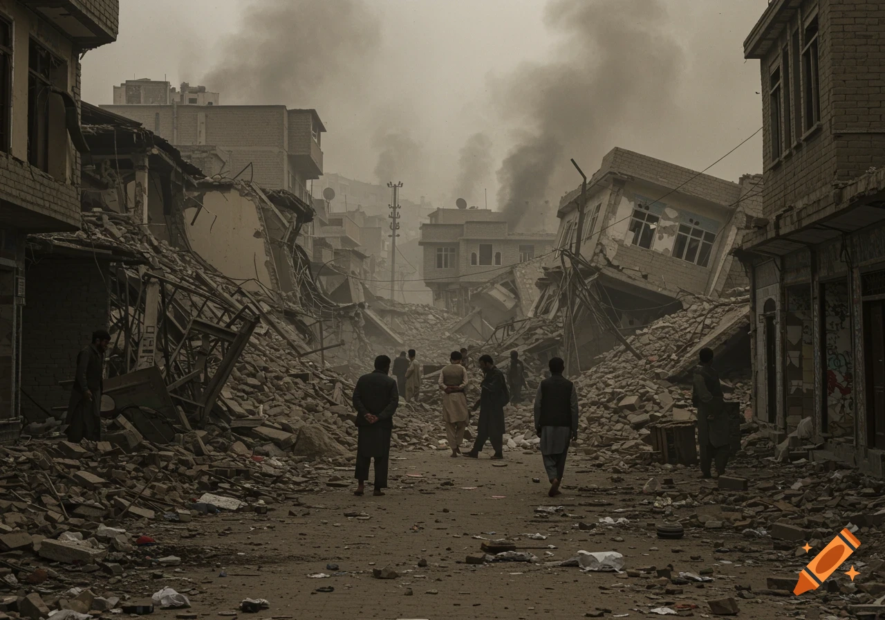 A photorealistic scene of a destroyed city street filled with debris from collapsed buildings and smoke, with people walking through the ruins.