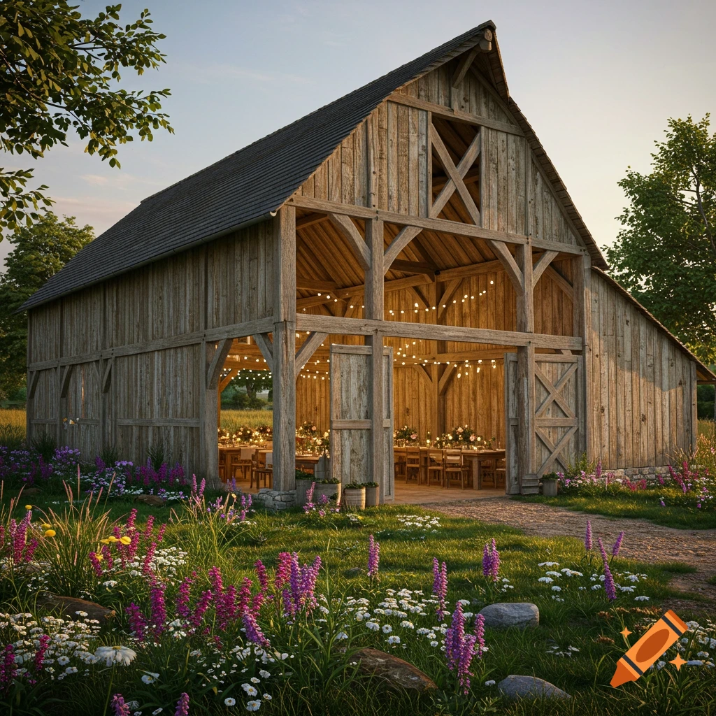 Photorealistic image of a timber frame barn decorated with string lights and tables for an event, surrounded by wildflowers at sunset.