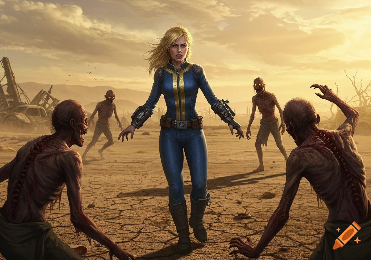 Photorealistic image of a blonde female Vault dweller in a blue suit facing feral ghouls in a desert wasteland.