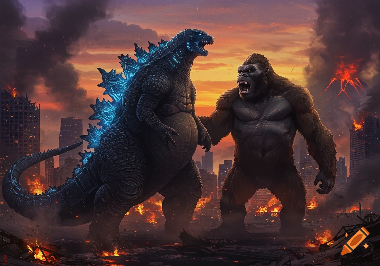 Godzilla and King Kong battle in a burning, ruined city at sunset, with a volcano erupting in the background, digital art.