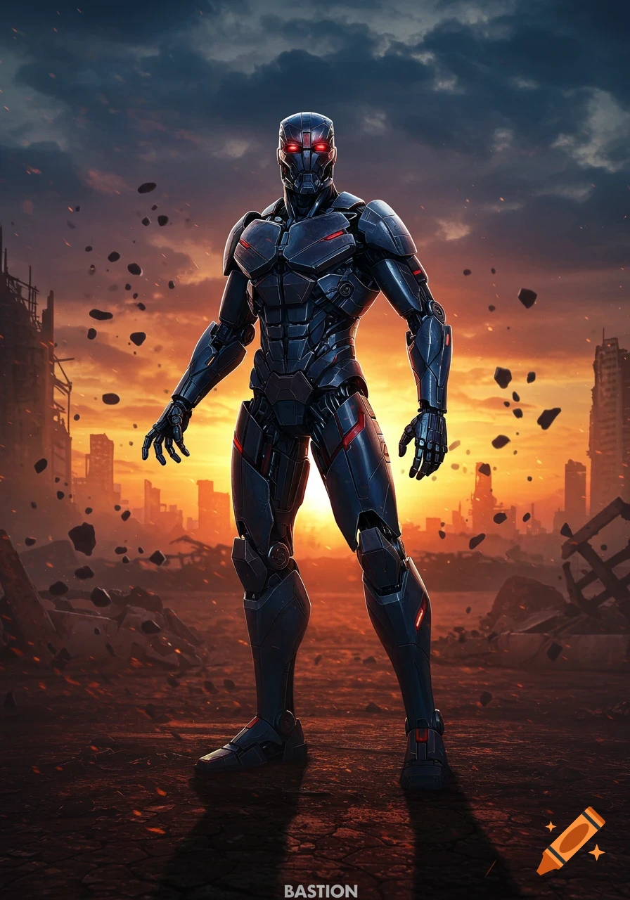 A dark armored robot with red glowing eyes stands in a ruined city with an orange sunset, debris floating around it.