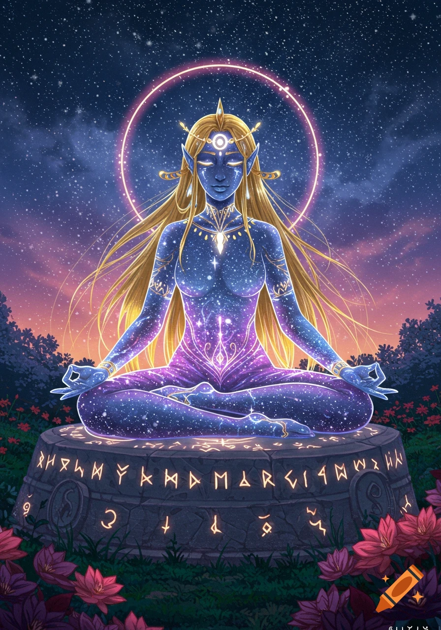 An anime-style celestial goddess with golden hair and dark blue, starry skin meditates in the lotus position on a rune-carved stone pedestal, under a starry sky.
