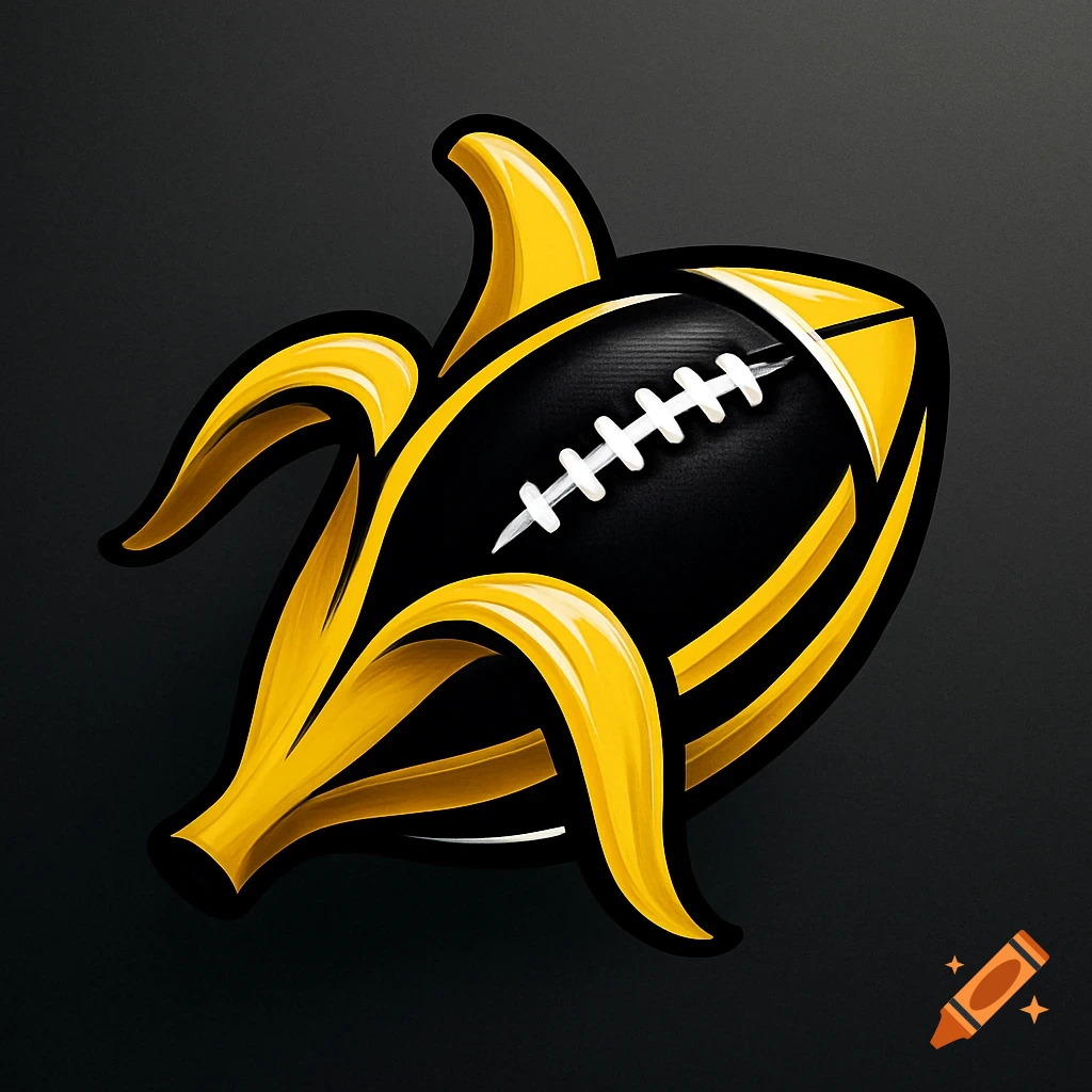A digital art logo of a black football, partially peeled like a yellow banana, against a dark gray background.