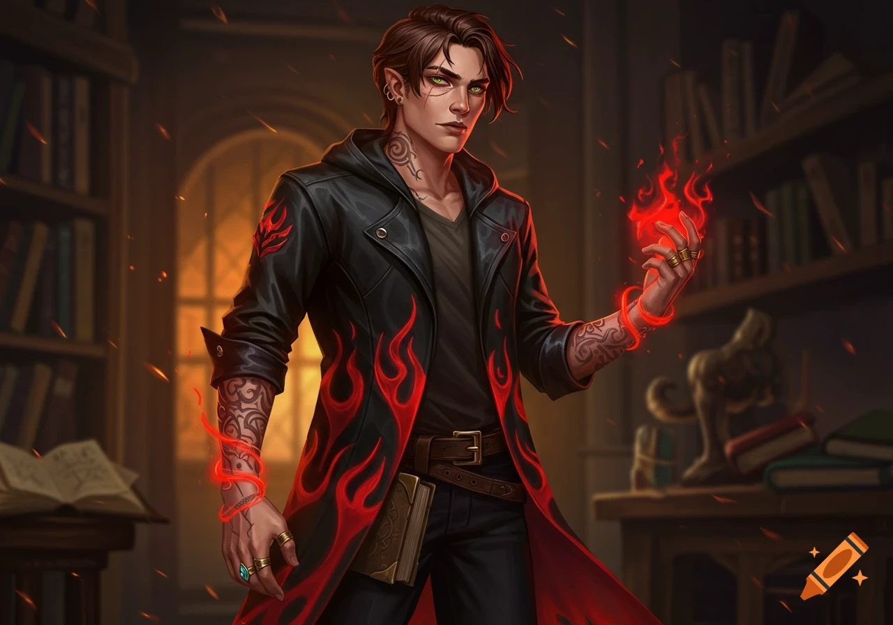 A young male wizard with green eyes, dark hair, tattoos, and a black flame-patterned jacket casts a fire spell in a library.