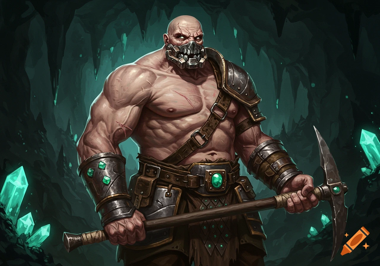 A muscular, bald fantasy warrior with a metallic jaw, wearing armor with green gems, holding a pickaxe in a glowing crystal cave.