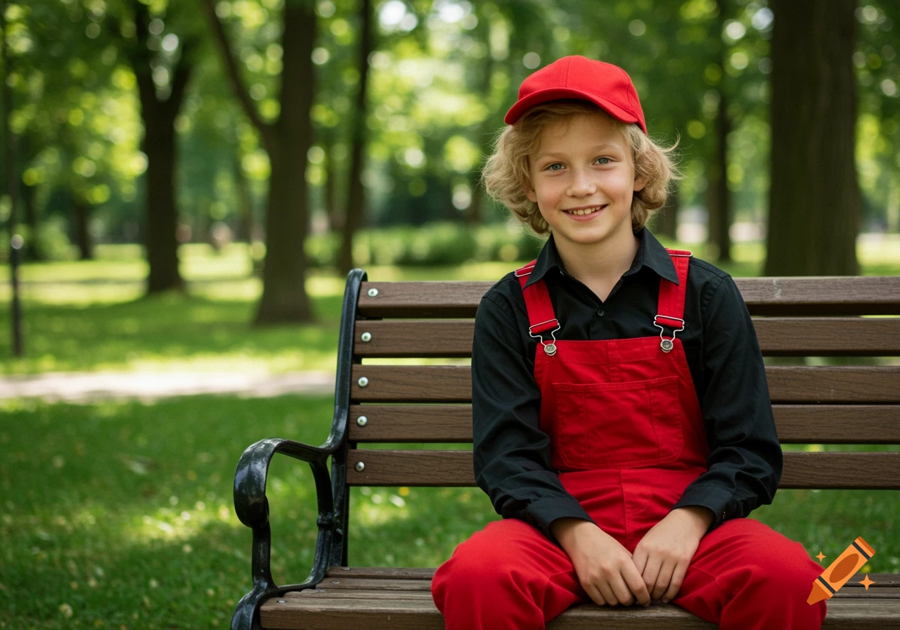 A smiling boy with blonde hair and a red cap, wearing red overalls and a black shirt, sits on a wooden park bench in a lush green park.