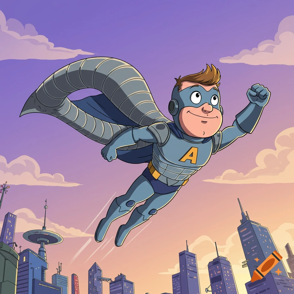 A cartoon superhero with an A on his chest and a metallic ductwork cape flies over a city at sunset.