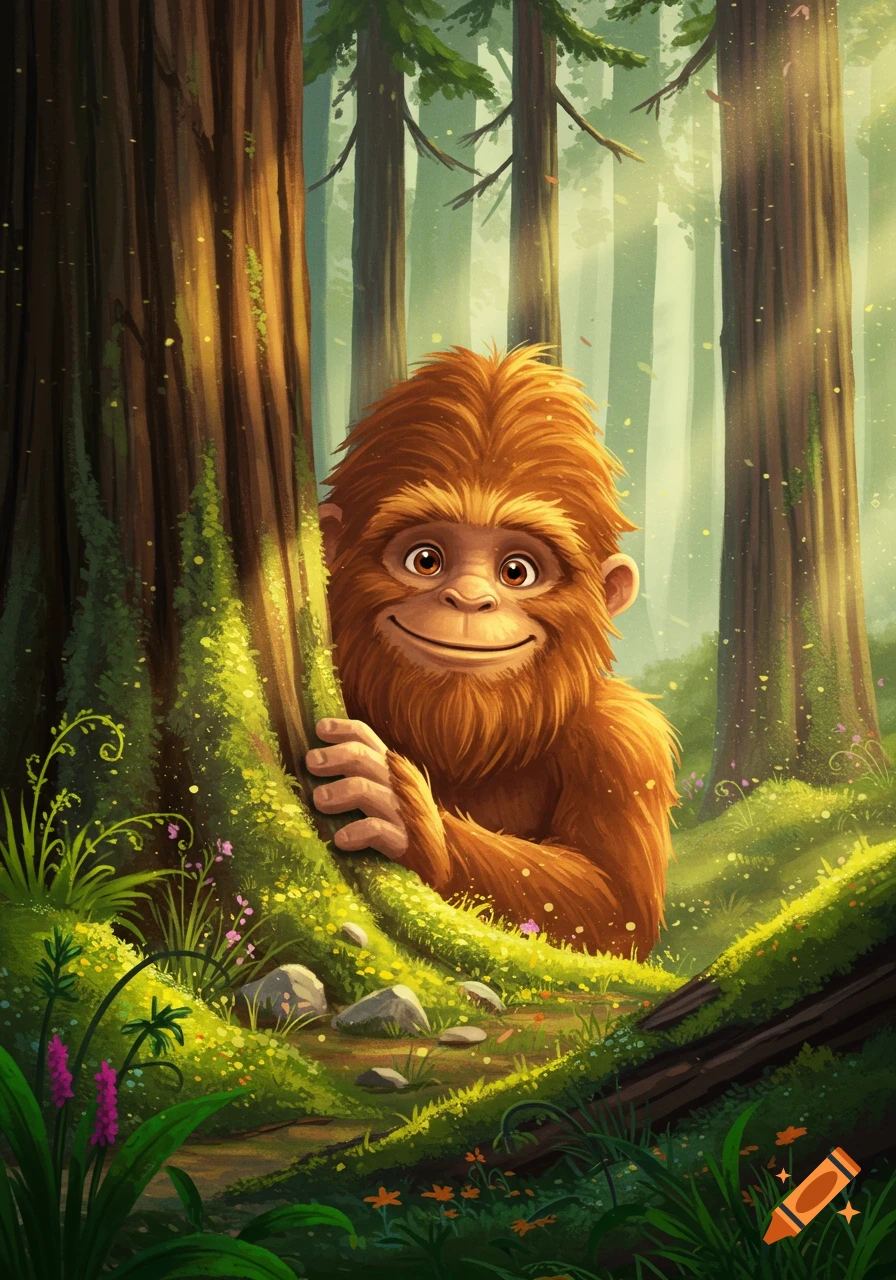 A happy, furry brown sasquatch with big eyes peeks from behind a mossy tree in a sun-dappled forest, in a whimsical illustration style.