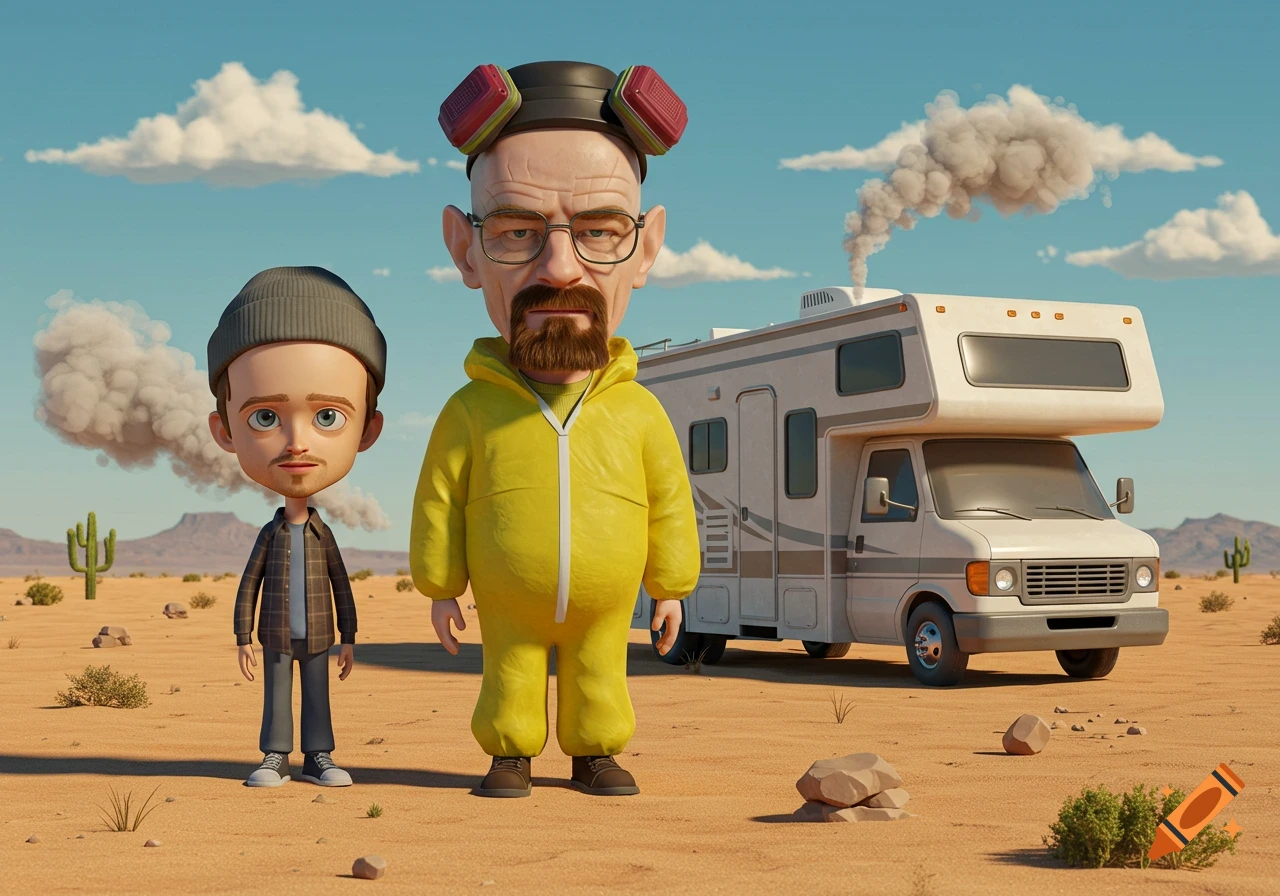 Cartoon Walter White and Jesse Pinkman from Breaking Bad stand in a desert with an RV behind them, in Pixar style.