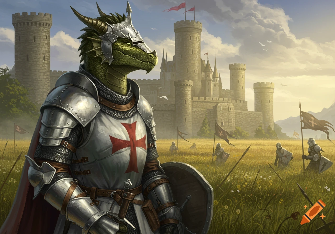 A green-skinned dragonborn knight in silver armor with a red cross stands in a grassy field before a medieval castle.