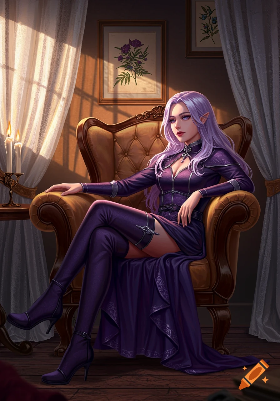 A regal elf-like woman with lavender hair and pointed ears sits in an ornate chair, wearing a purple dress and thigh-high boots.