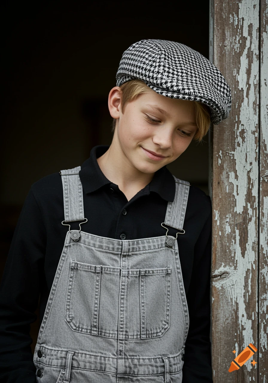 Young boy in a houndstooth flat cap and denim overalls leans against a weathered wooden door, looking down with a gentle smile. Photorealistic.