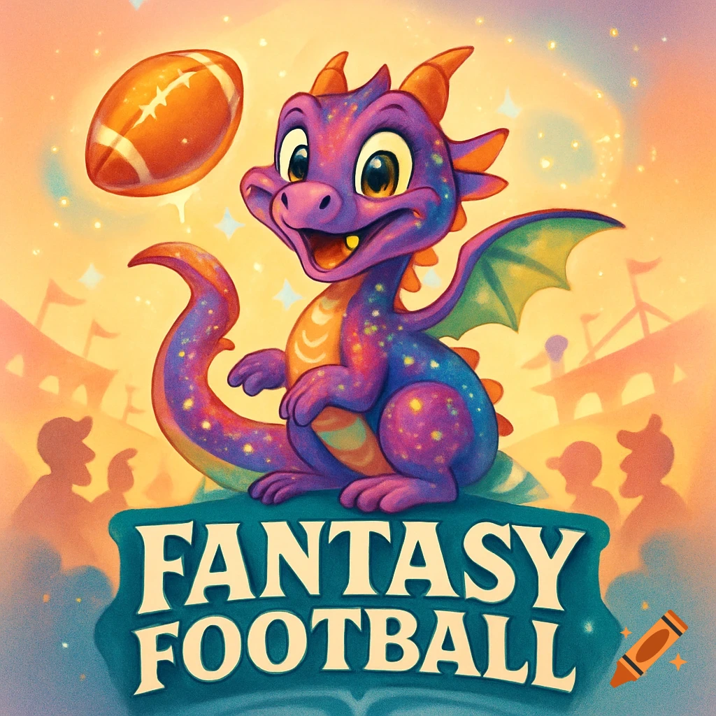 Cute, colorful cartoon dragon with a football, above 'FANTASY FOOTBALL' text, in a bright stadium setting.