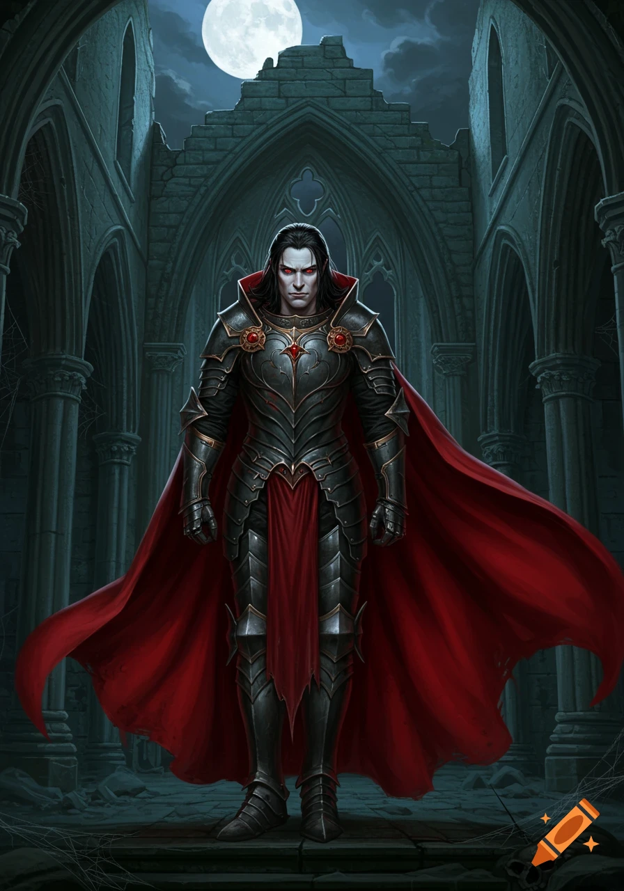 Dark fantasy oil painting of a pale vampire in black armor and red cape, standing in a ruined gothic chapel under a full moon.