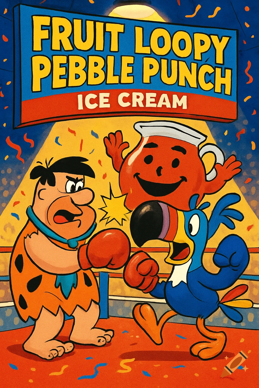Cartoon poster of Fred Flintstone boxing Toucan Sam in a ring with Kool-Aid Man as referee. A sign above reads "Fruit Loopy Pebble Punch Ice Cream".
