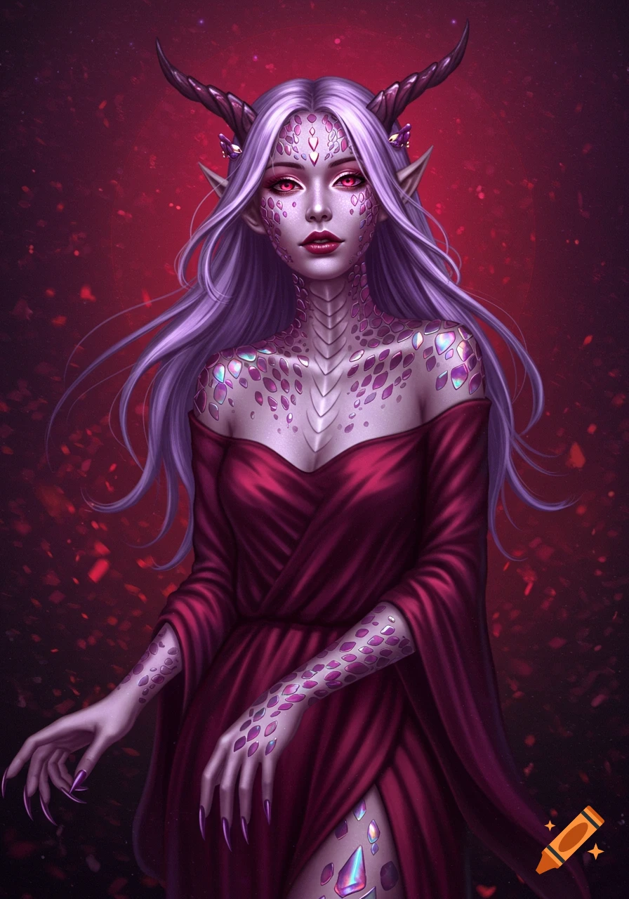A lavender-skinned fantasy woman with horns, red eyes, purple scales, and long purple hair, wearing a flowing red off-shoulder dress.