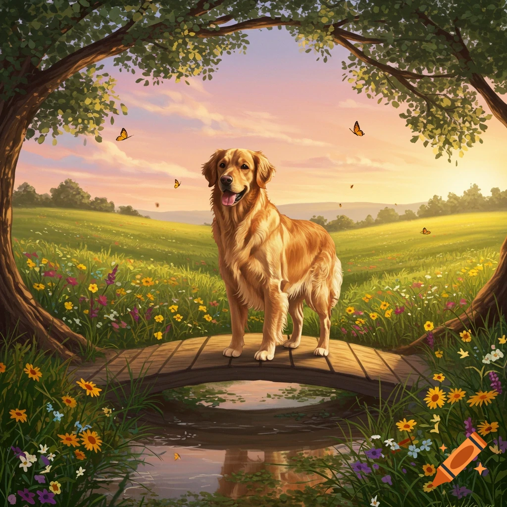 A golden retriever on a bridge in a sunlit meadow with wildflowers, framed by trees under a pastel sky. Illustration.