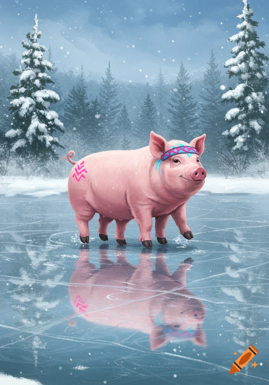 A smiling pink pig wearing a colorful headband and a pink pattern on its back, stands on a frozen ice rink in a snowy forest. Snow falls gently around snow-covered pine trees.