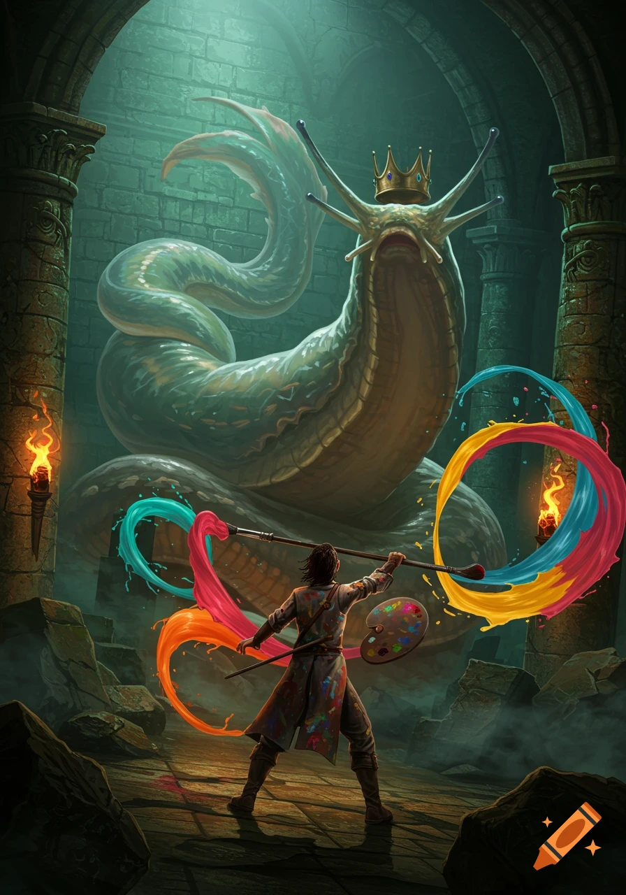 A human painter with a palette battles a giant, crowned slug king in a dark, torch-lit dungeon, creating colorful paint streaks.