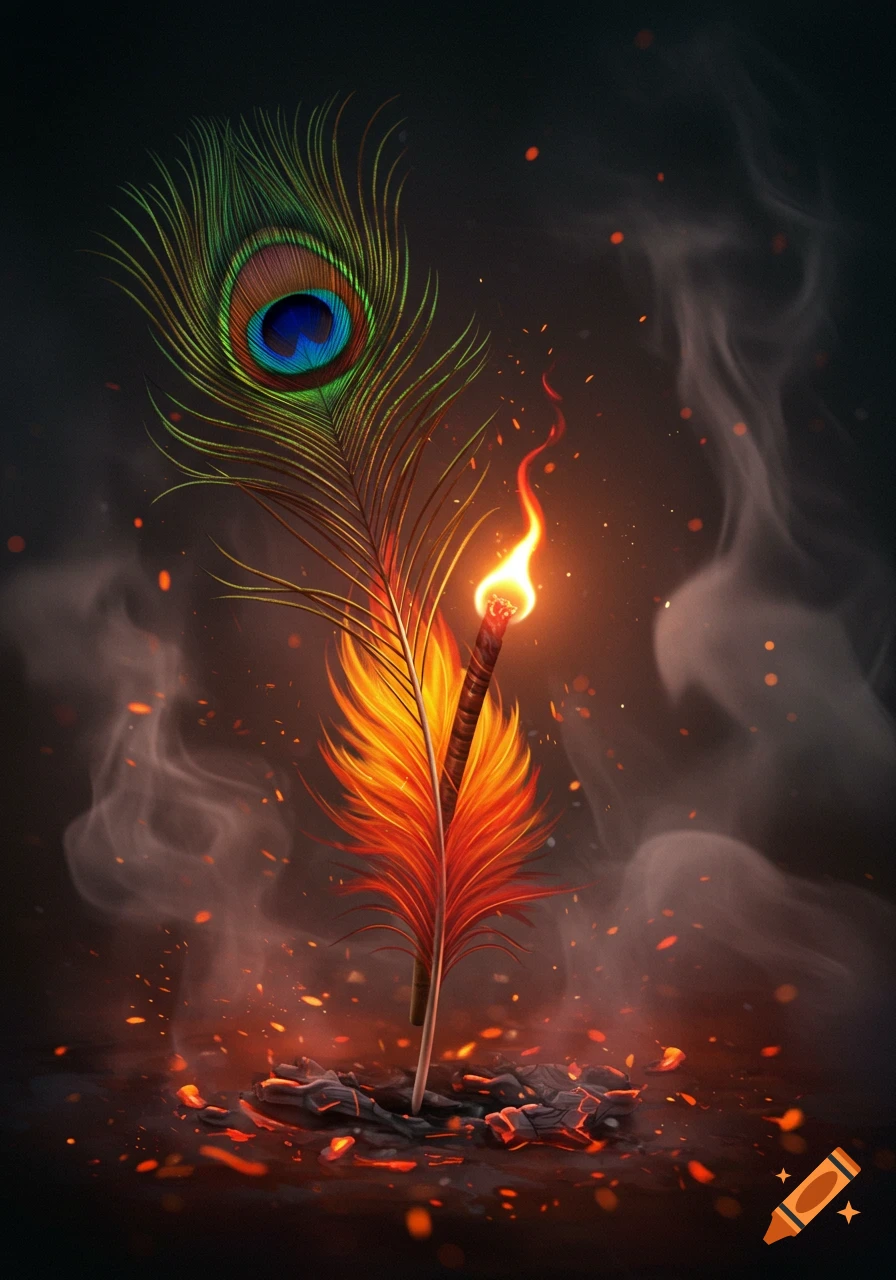 A vibrant peacock feather fused with a fiery feather, its tip aflame, surrounded by smoke and embers on a dark background.