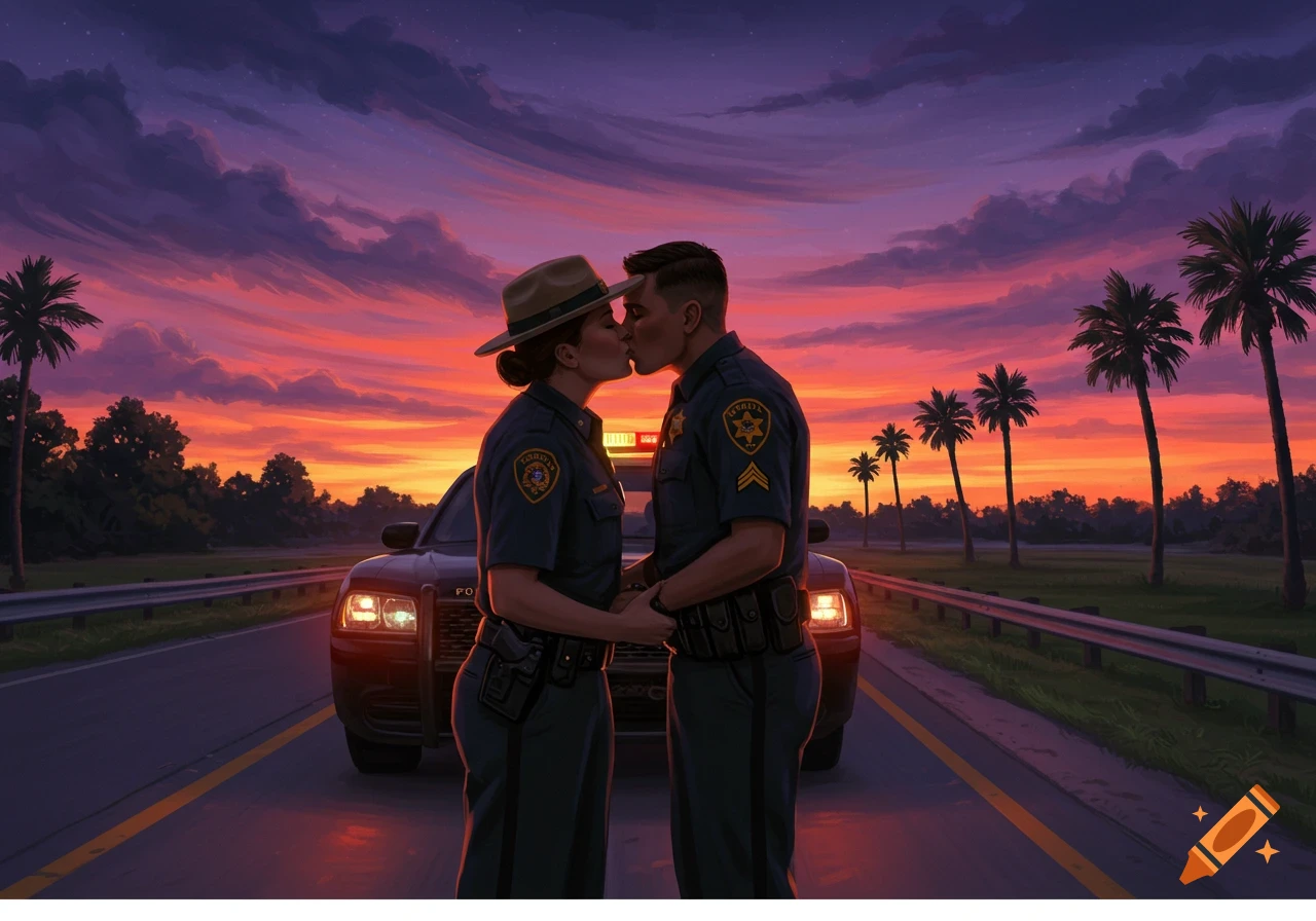 Illustration of two police officers kissing beside their car on a roadside with palm trees and a vibrant sunset.