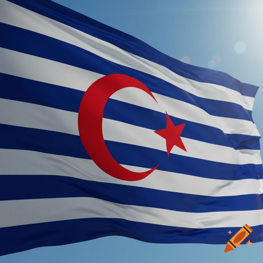 A flag with blue and white stripes, a red crescent moon, and a red star waving against a clear blue sky.