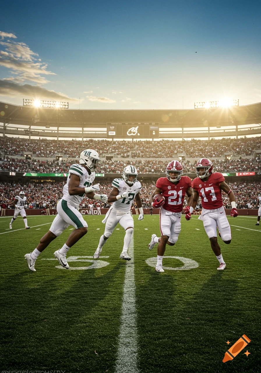 Photorealistic image of football players in red and white jerseys running on a field in a stadium during a game at sunset.