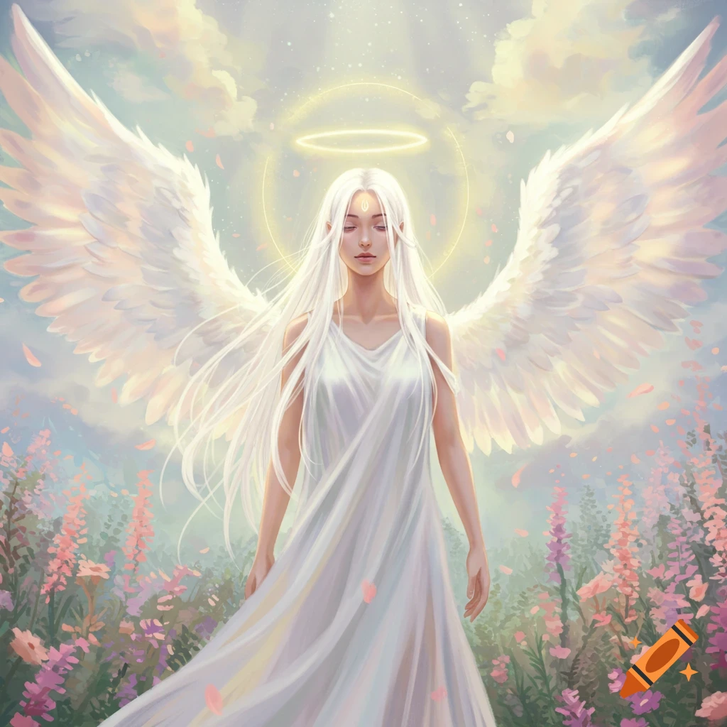 An ethereal angel-like woman with long white hair, a flowing white dress, and large white wings stands in a field of flowers under a cloudy sky.