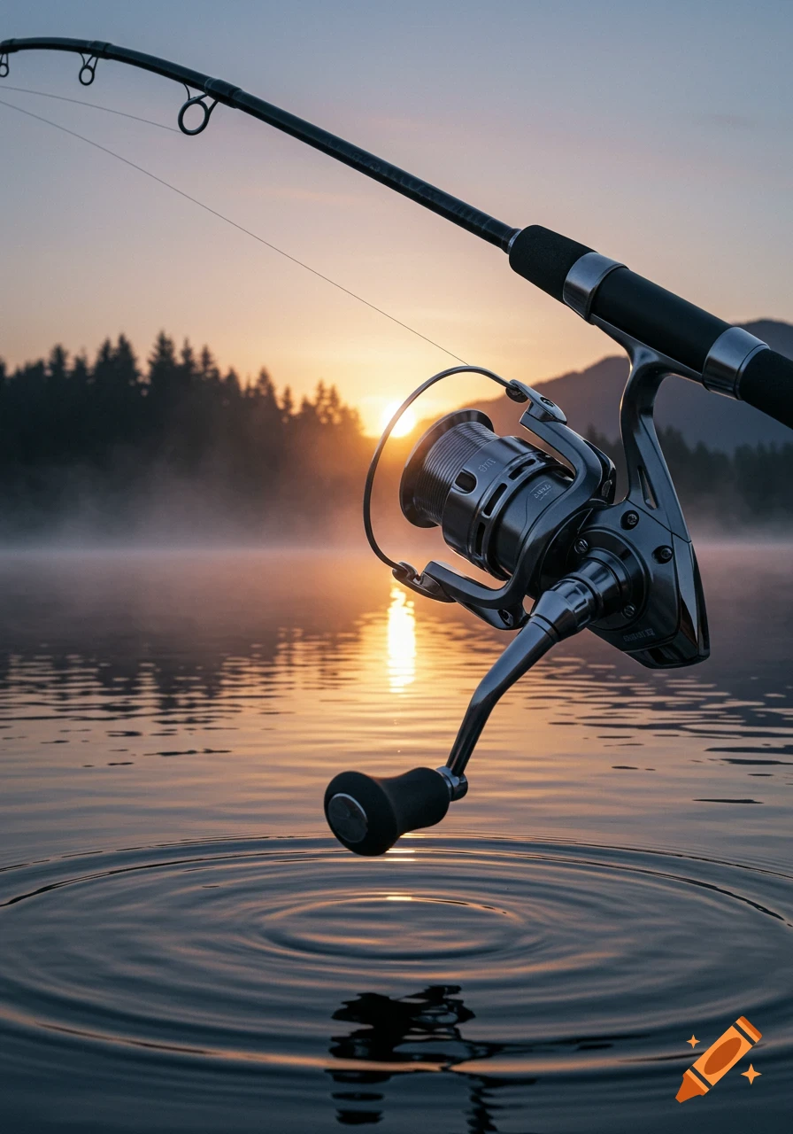 Close-up of a fishing rod and reel in a misty lake at sunrise, creating ripples in the water. Photorealistic.