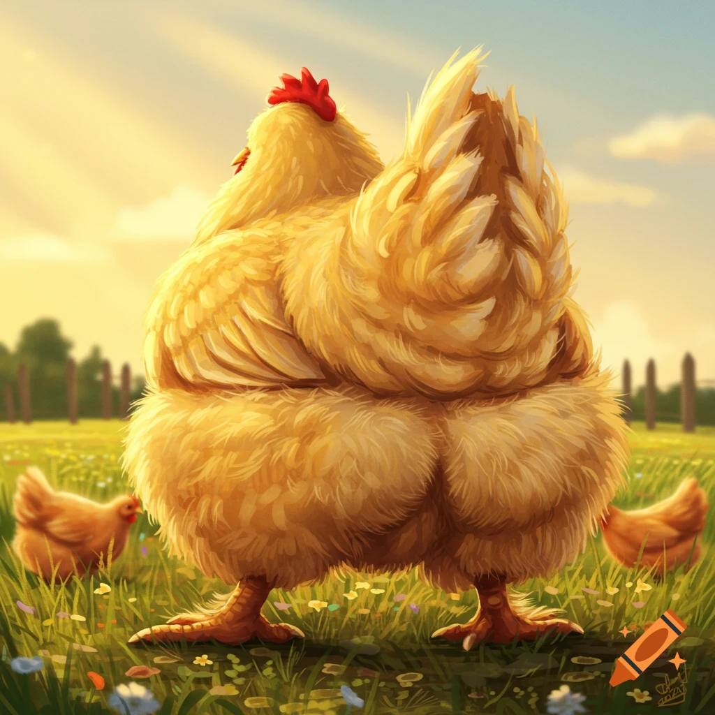 A fluffy yellow chicken viewed from behind, standing in a sunny grassy field with wildflowers. Two smaller chickens are in the background.