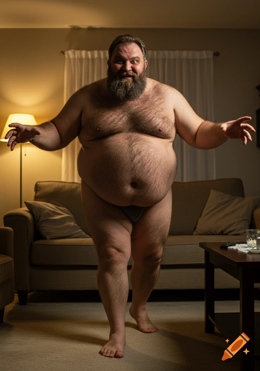 A hairy, bearded, large man in underwear with outstretched arms and a goofy smile walks barefoot in a living room, photorealistic.